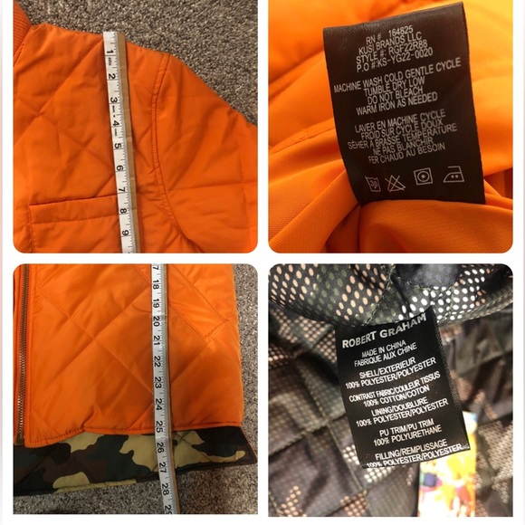 New Robert Graham Reversible Puffer Jacket Orange and Camo - Picture 12 of 14